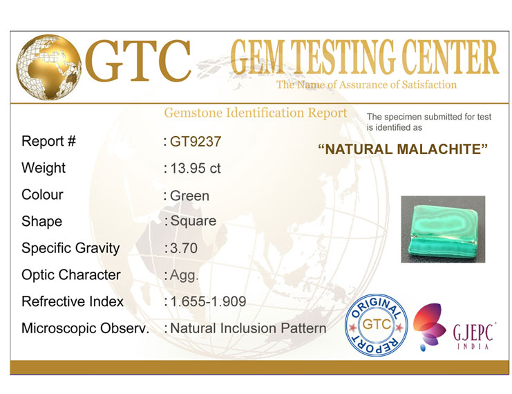 13.95 ct Natural Certified Malachite stone